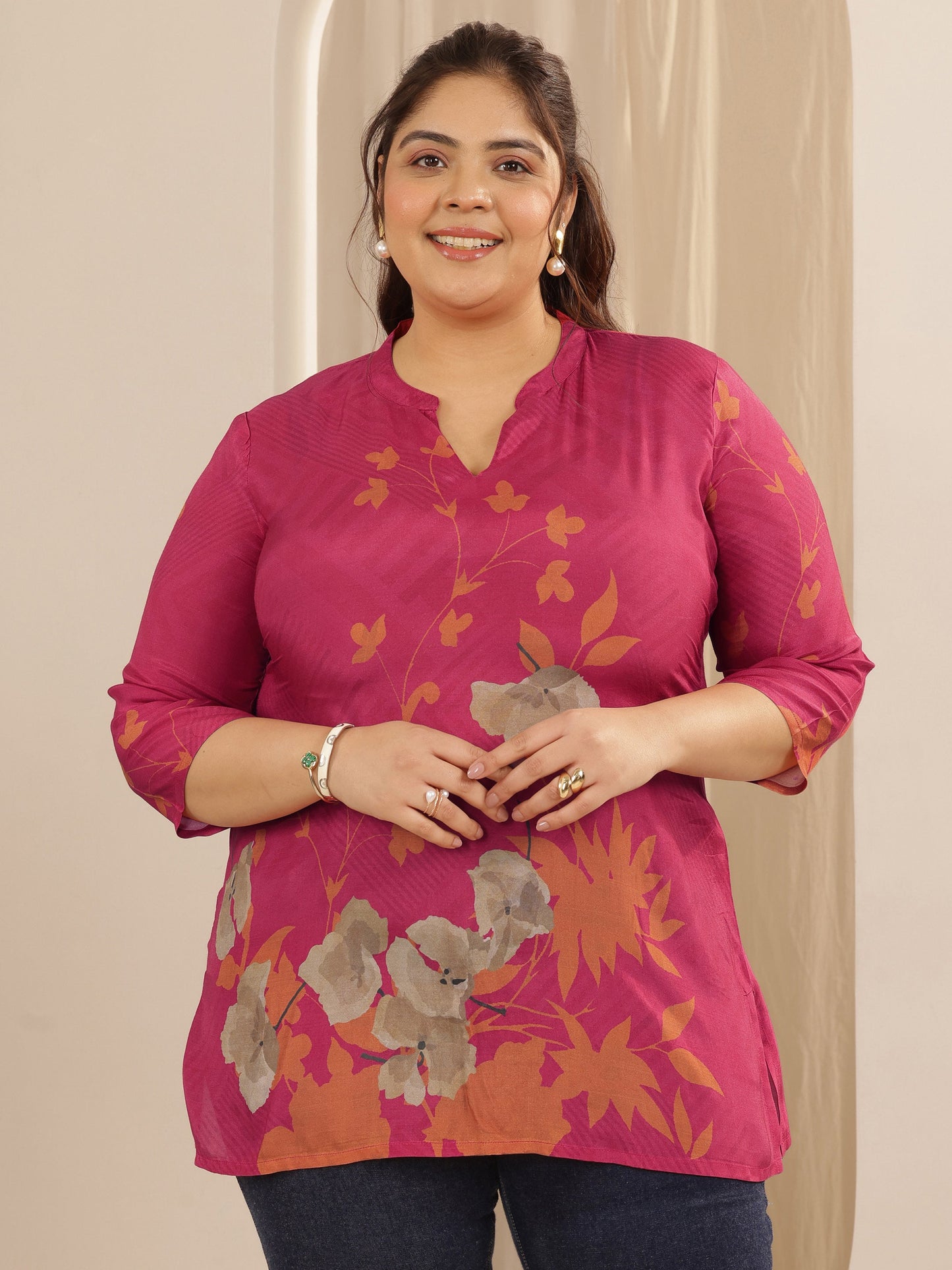 Plus Size Red Printed Muslin Straight Short Kurti