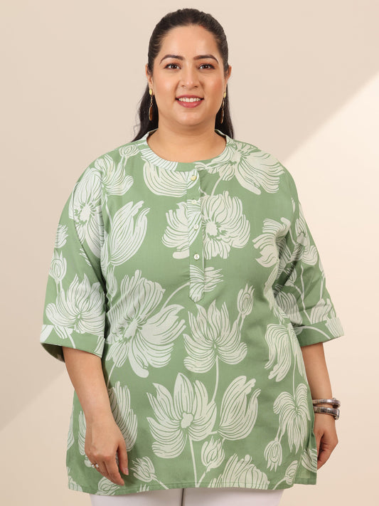 Plus Size Green Printed Cotton Straight Short Kurti