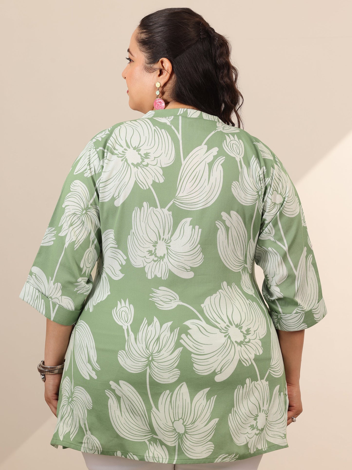 Plus Size Green Printed Cotton Straight Short Kurti