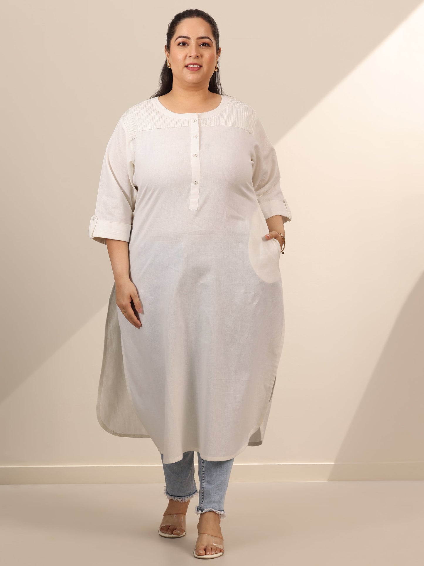 Plus Size White Solid Cotton Blend Straight Kurta