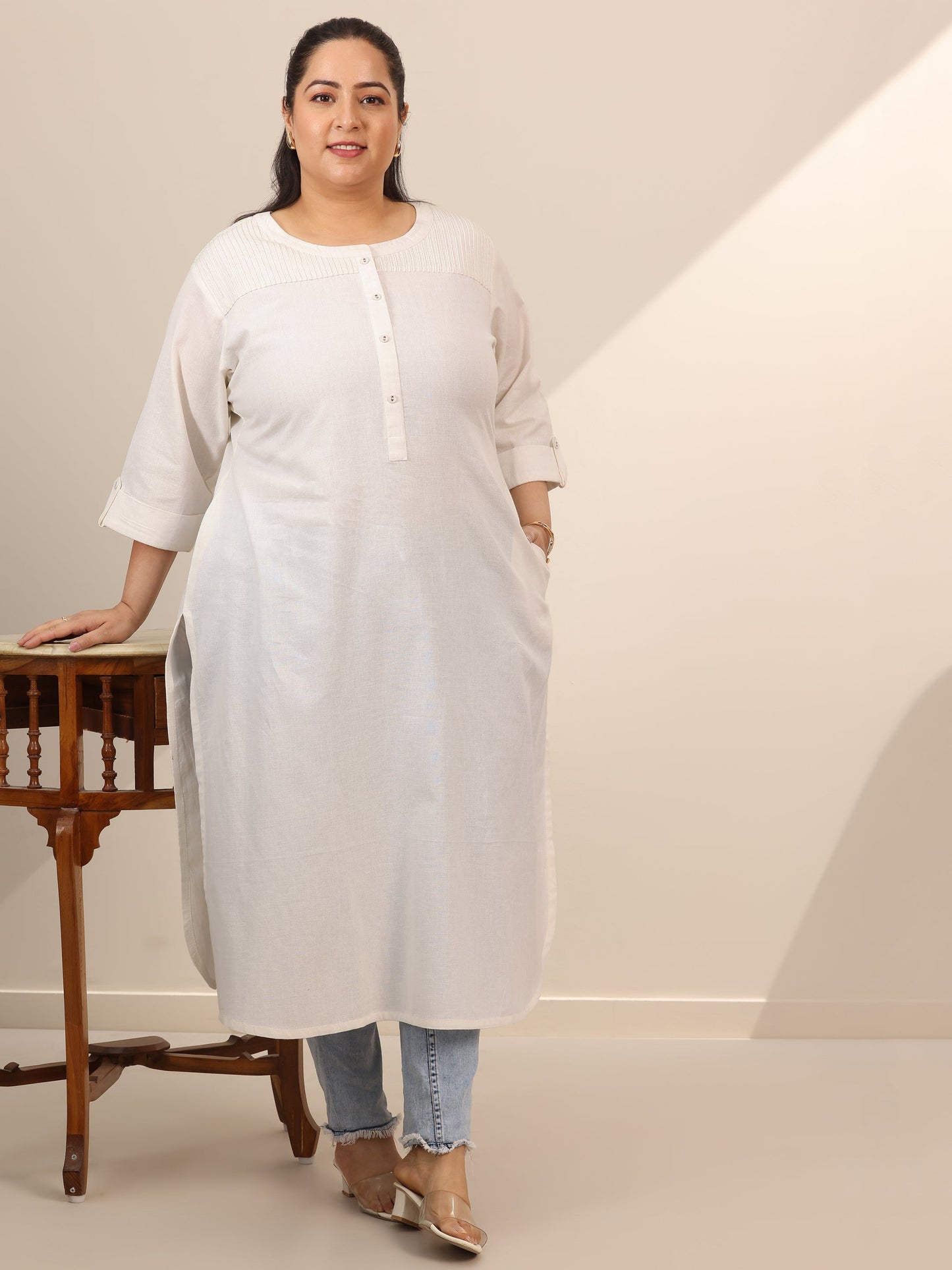 Plus Size White Solid Cotton Blend Straight Kurta
