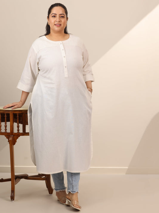 Plus Size White Solid Cotton Blend Straight Kurta