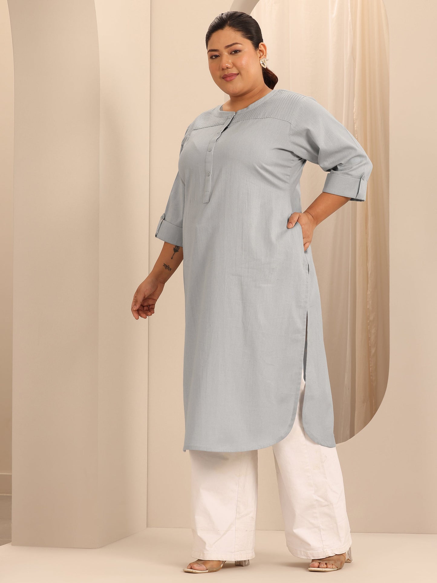 Plus Size Blue Solid Cotton Blend Straight Kurta