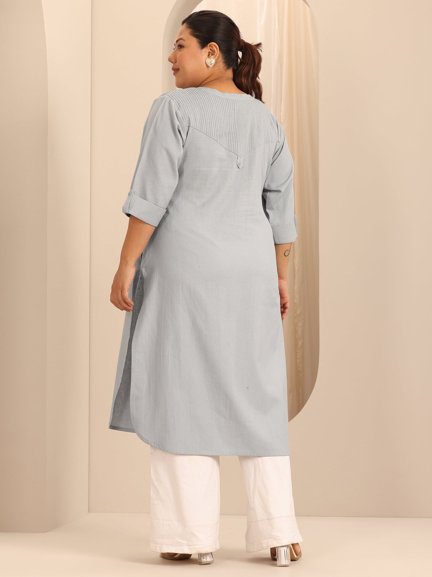 Plus Size Blue Solid Cotton Blend Straight Kurta