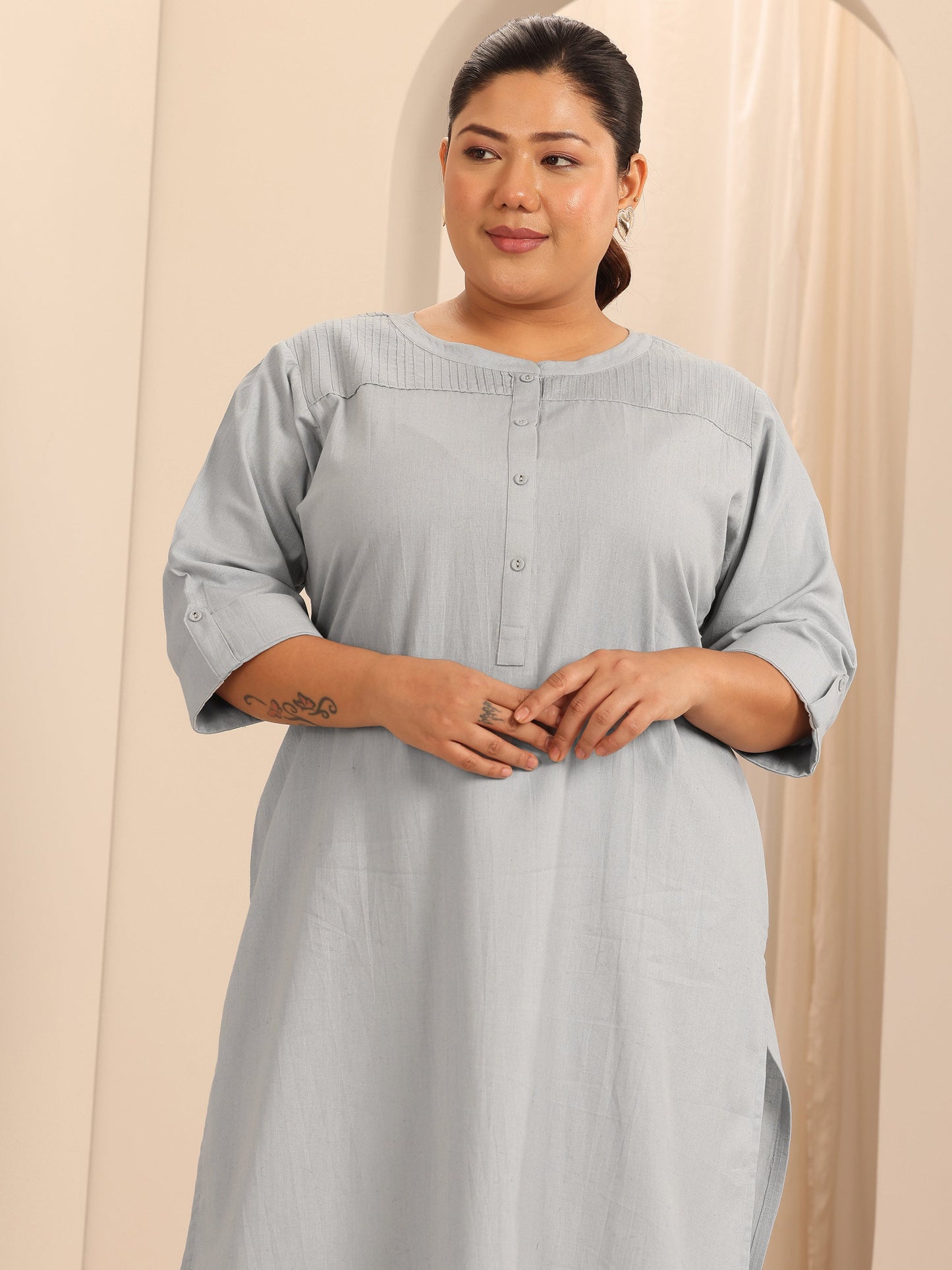 Plus Size Blue Solid Cotton Blend Straight Kurta