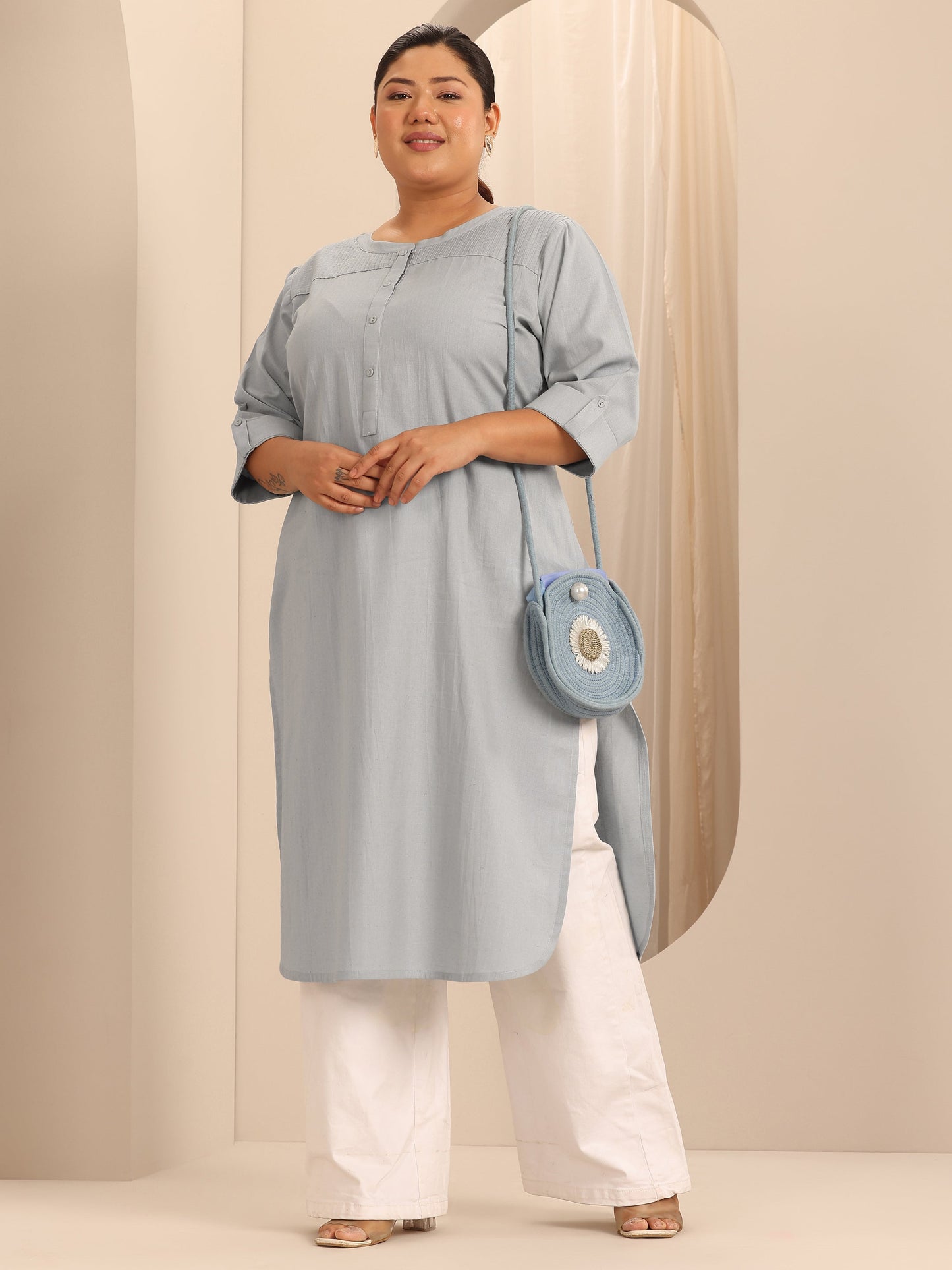 Plus Size Blue Solid Cotton Blend Straight Kurta
