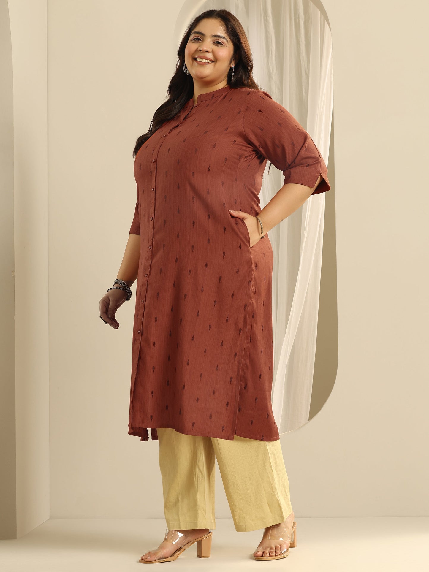 Plus Size Rust Woven Design Viscose Straight Kurta