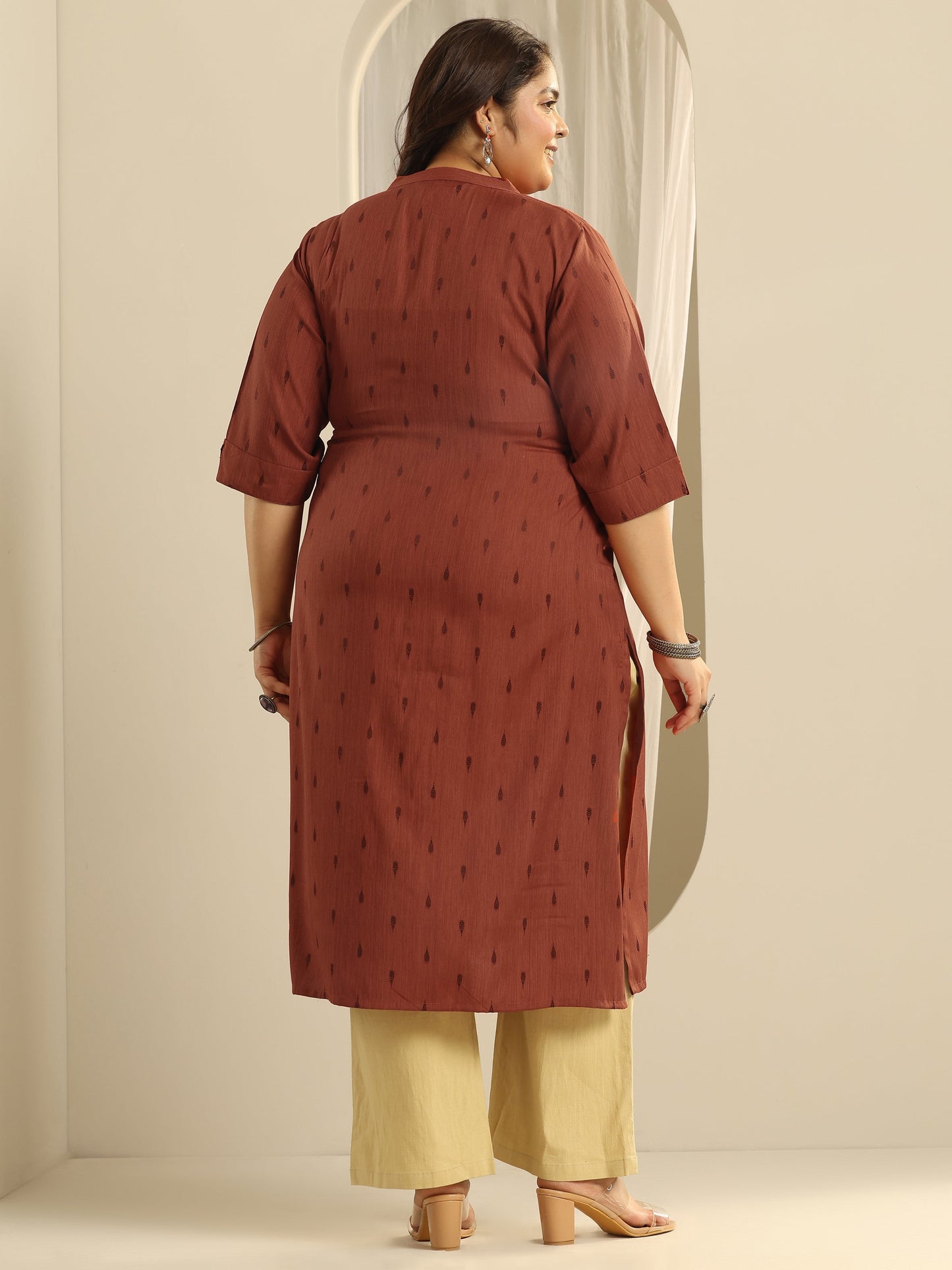Plus Size Rust Woven Design Viscose Straight Kurta