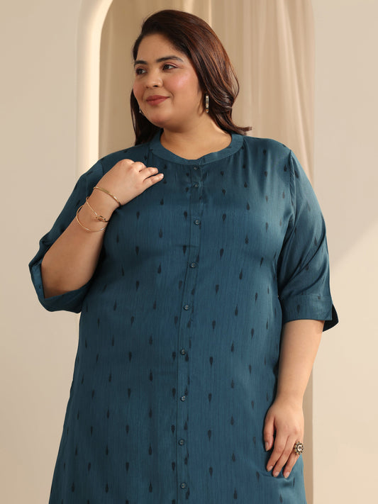 Plus Size Teal Woven Design Viscose Straight Kurta