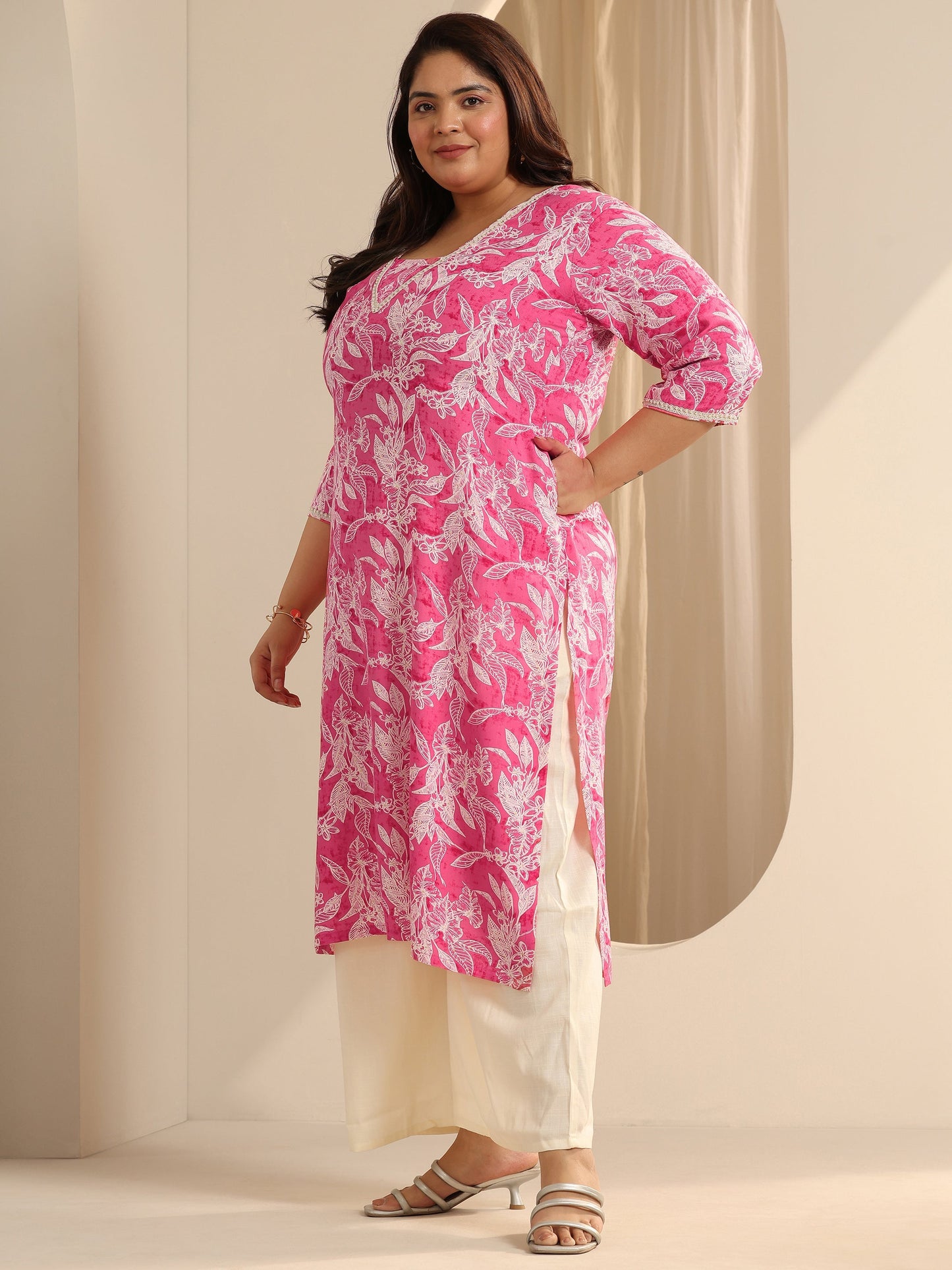 Plus Size Pink Printed Viscose Straight Kurta