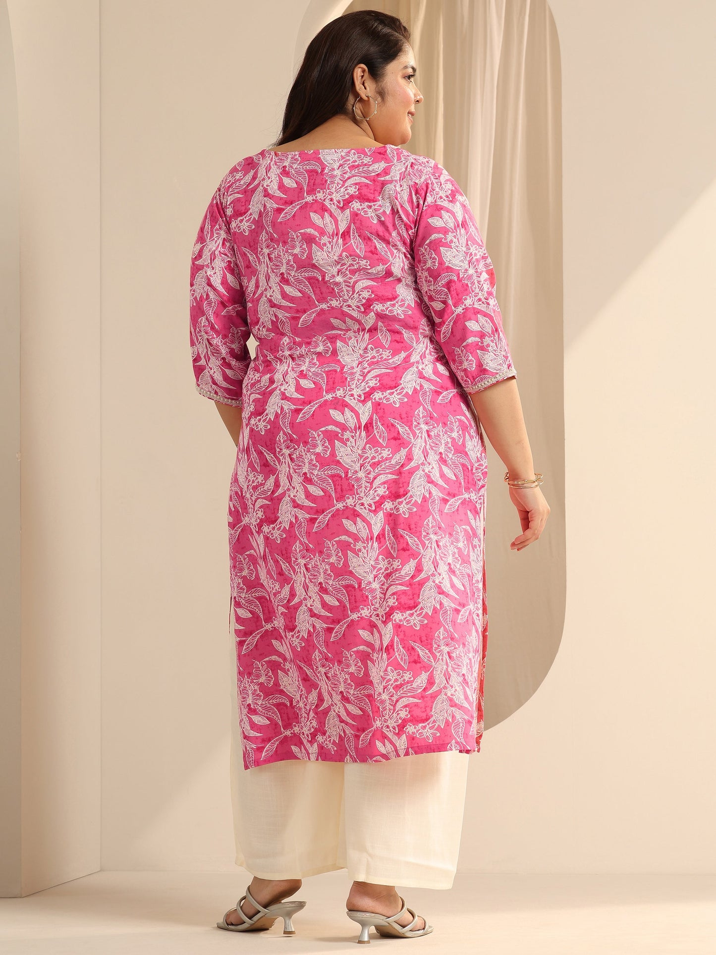 Plus Size Pink Printed Viscose Straight Kurta