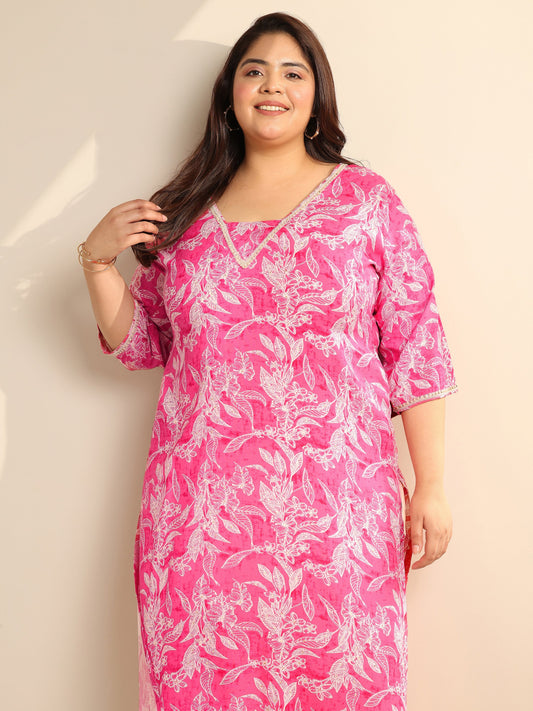 Plus Size Pink Printed Viscose Straight Kurta