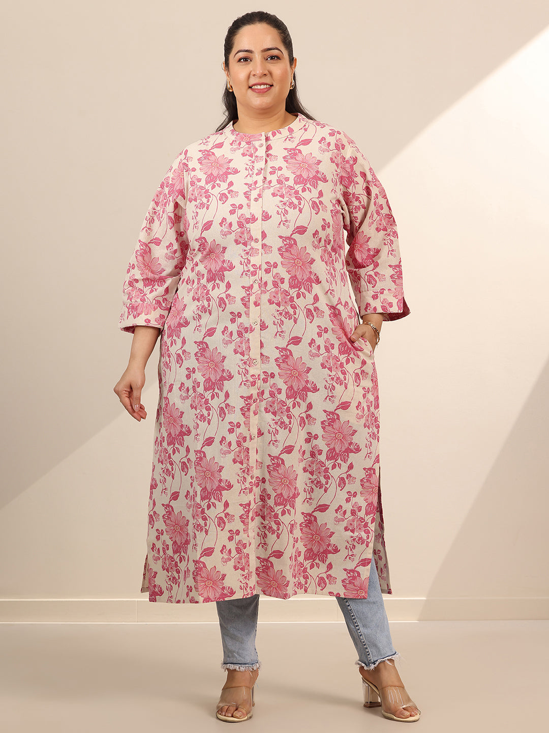 Plus Size Pink Printed Cotton Straight Kurta