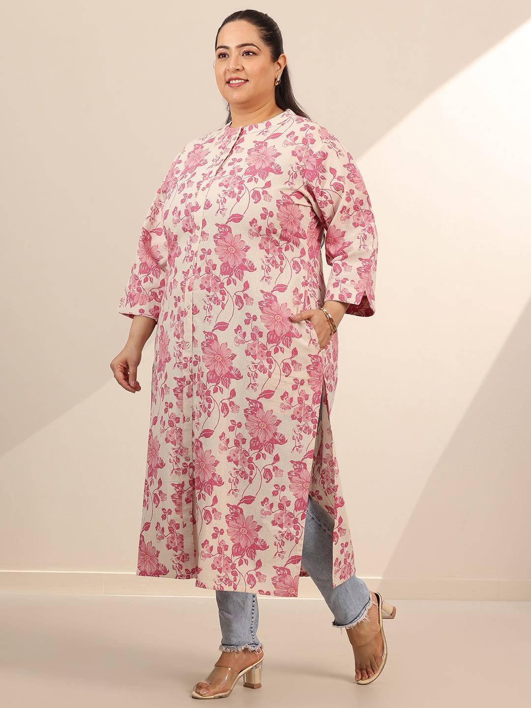 Plus Size Pink Printed Cotton Straight Kurta