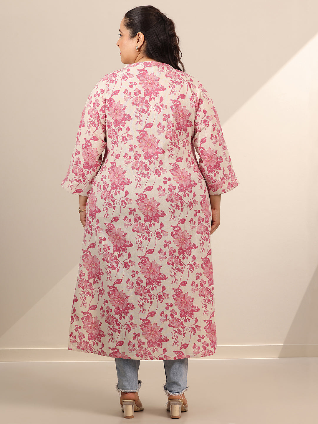 Plus Size Pink Printed Cotton Straight Kurta