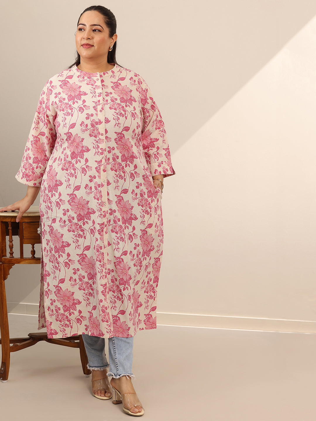 Plus Size Pink Printed Cotton Straight Kurta