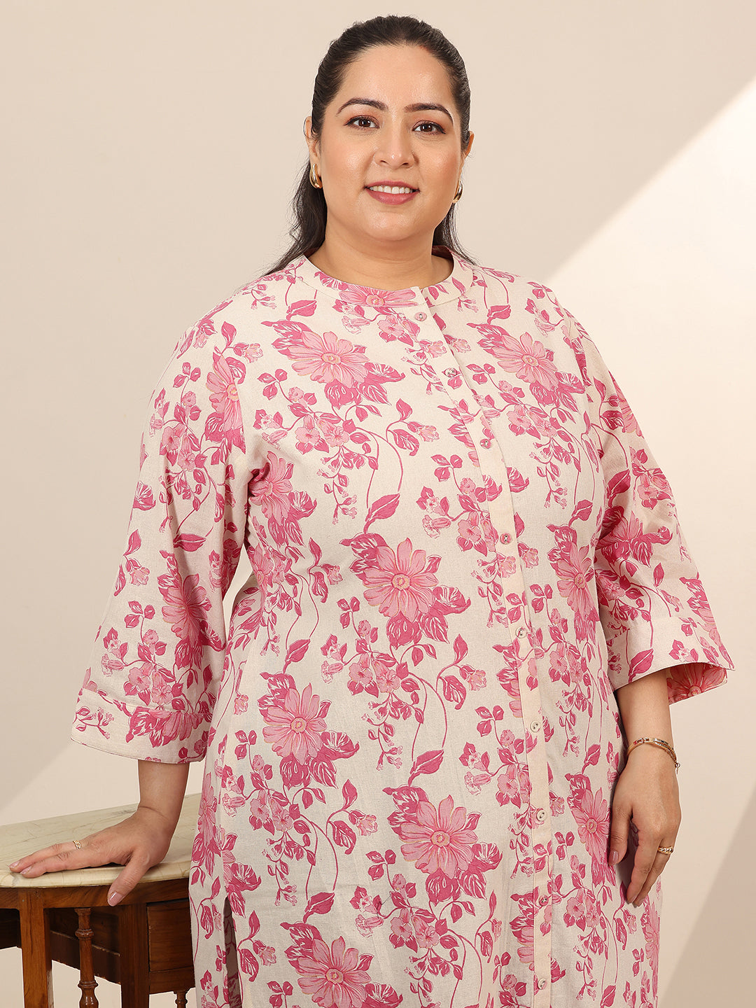 Plus Size Pink Printed Cotton Straight Kurta