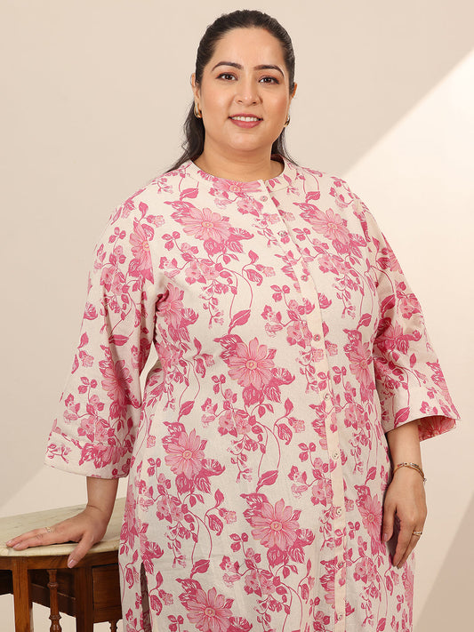 Plus Size Pink Printed Cotton Straight Kurta