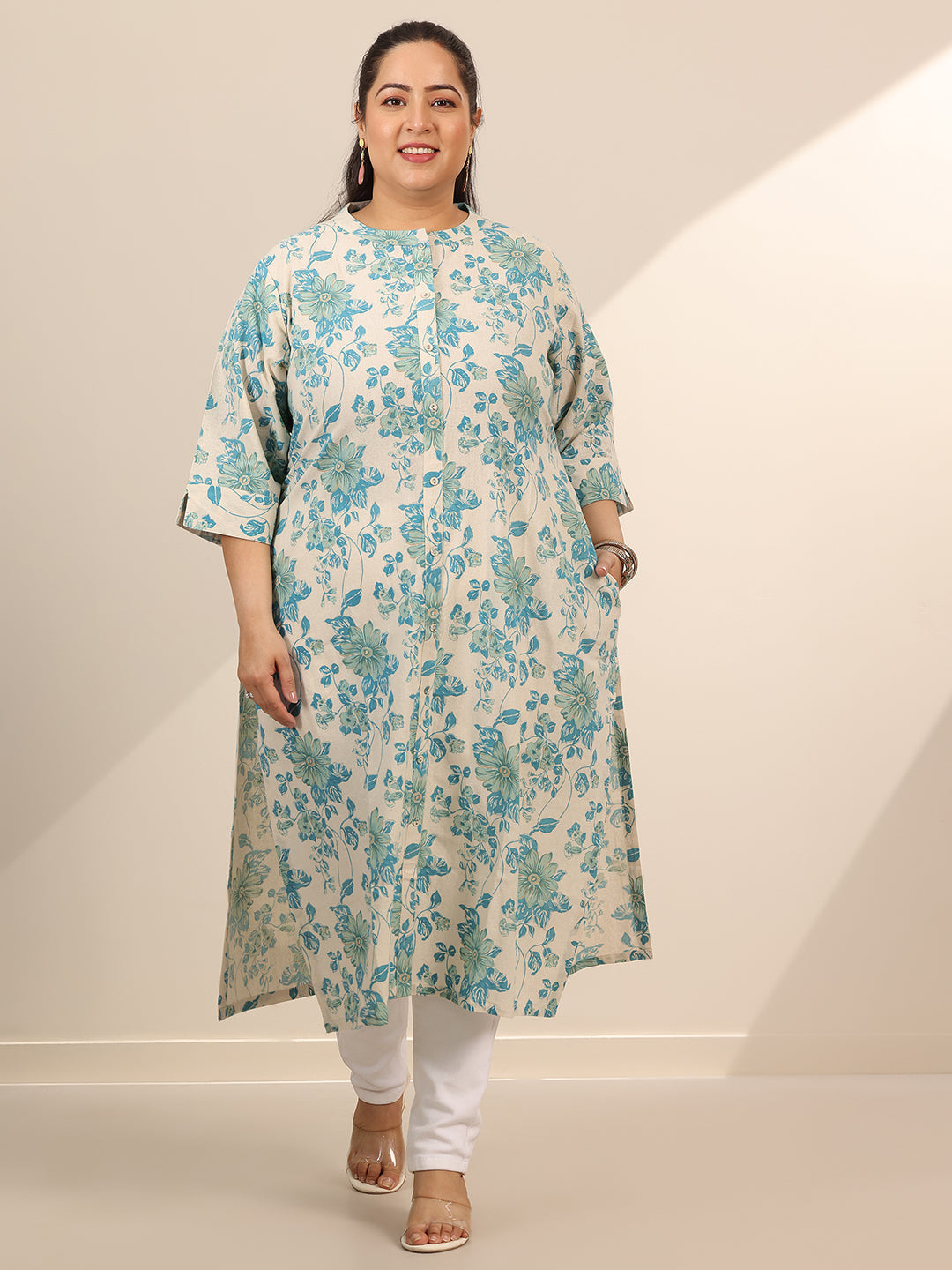 Plus Size Off White Printed Cotton Straight Kurta