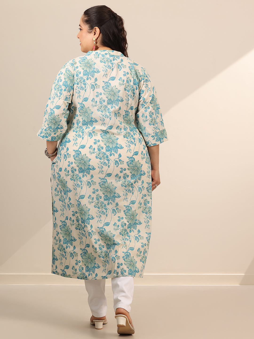 Plus Size Off White Printed Cotton Straight Kurta