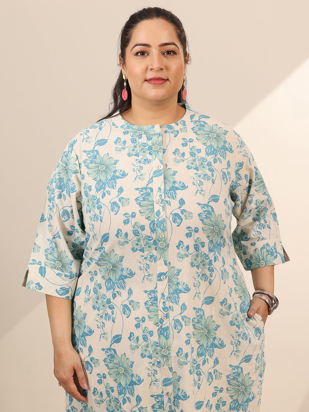 Plus Size Off White Printed Cotton Straight Kurta