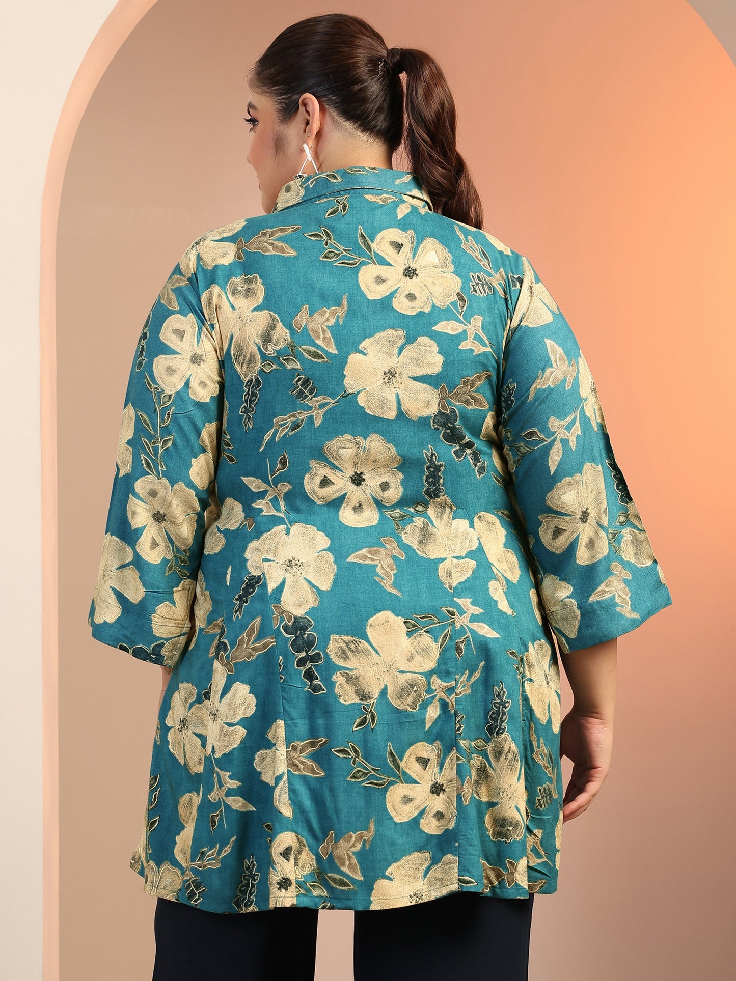 Plus Size Teal Printed Rayon A-line Short Kurti