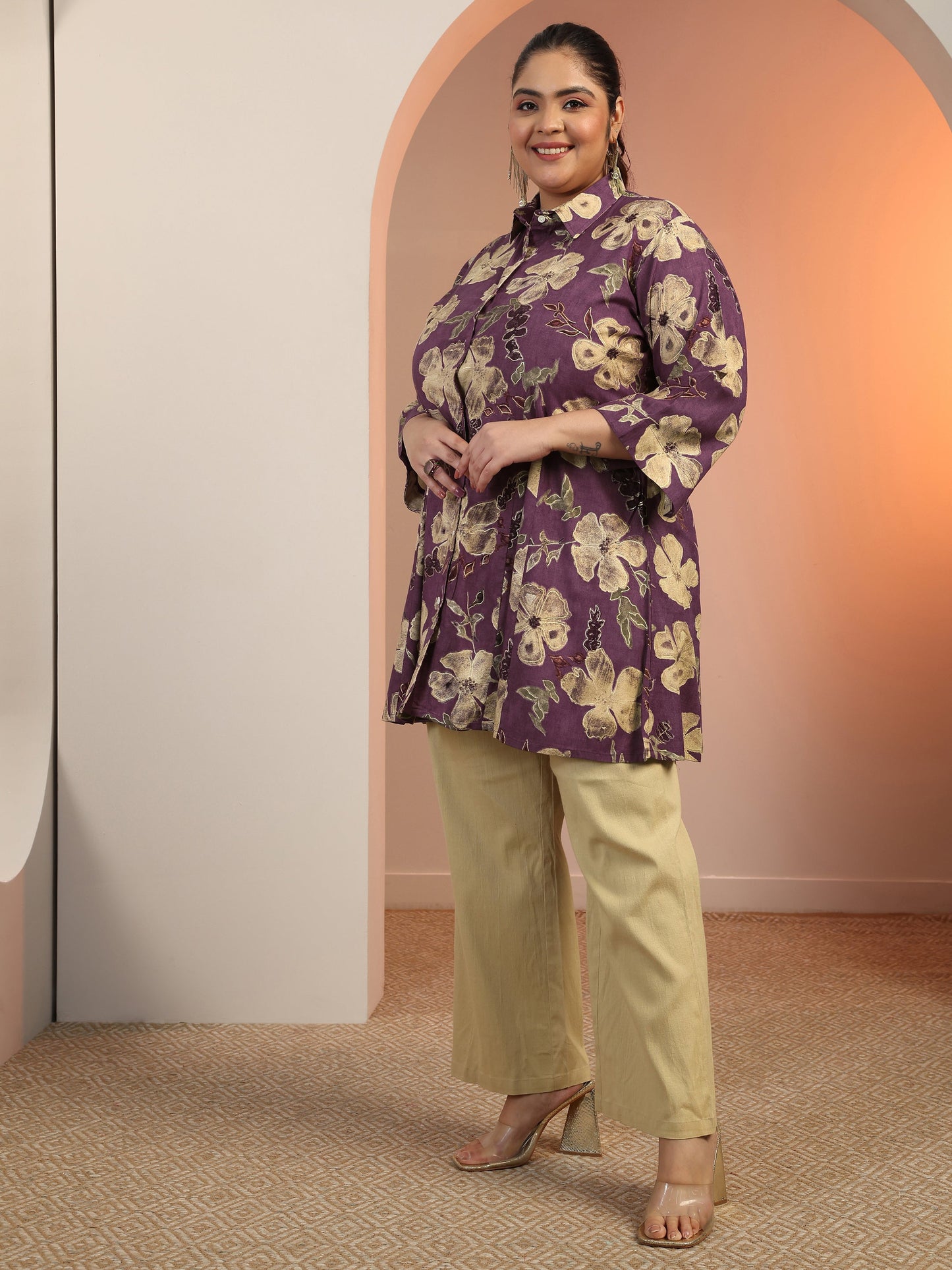 Plus Size Mauve Printed Rayon A-line Short Kurti