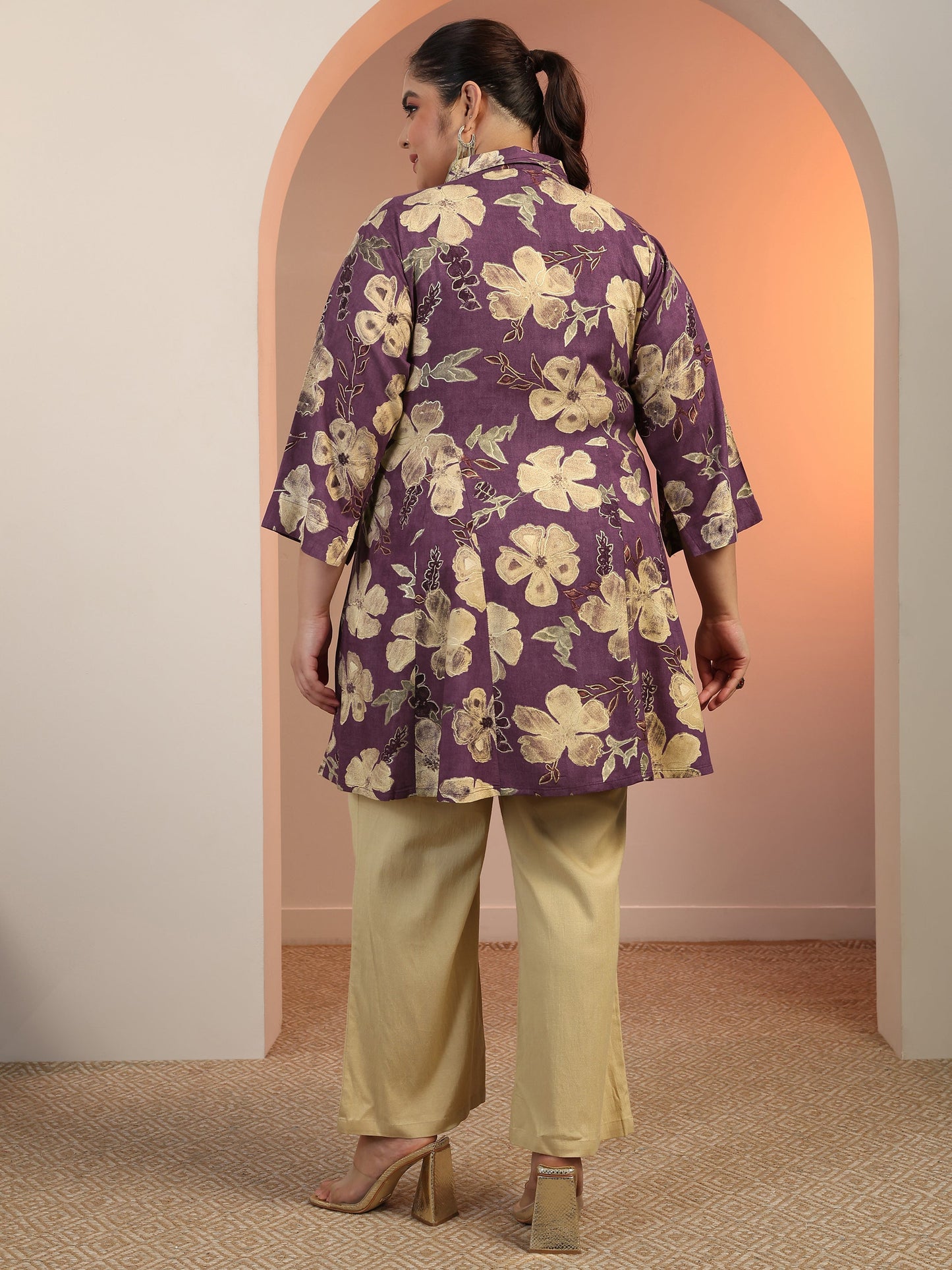 Plus Size Mauve Printed Rayon A-line Short Kurti