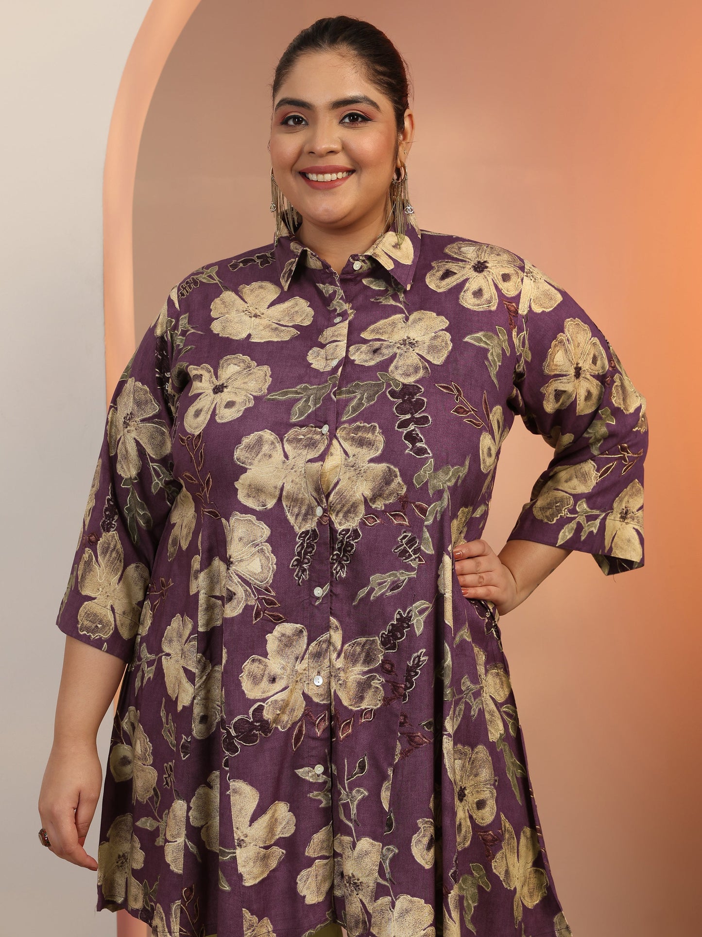 Plus Size Mauve Printed Rayon A-line Short Kurti