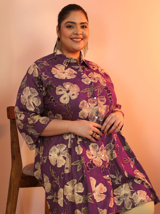 Plus Size Mauve Printed Rayon A-line Short Kurti