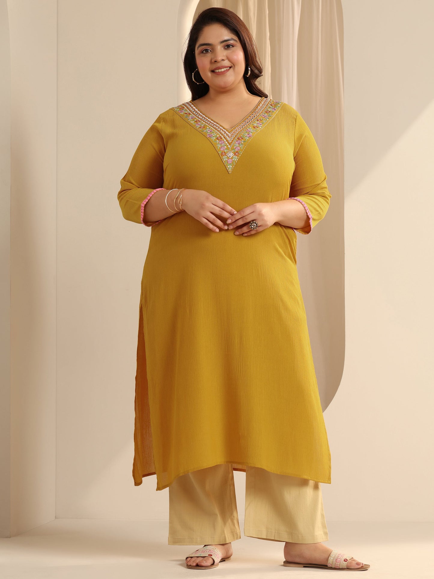 Plus Size Mustard Yoke Design Silk blend Straight Kurta