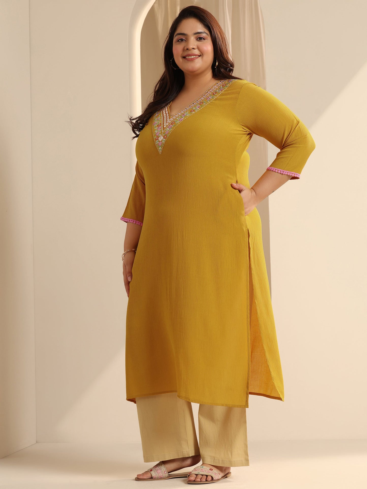 Plus Size Mustard Yoke Design Silk blend Straight Kurta