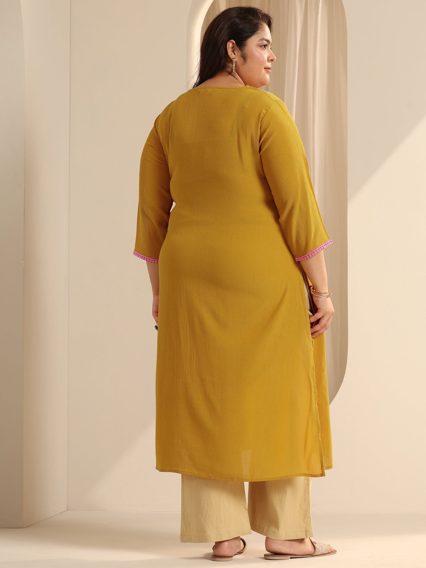 Plus Size Mustard Yoke Design Silk blend Straight Kurta