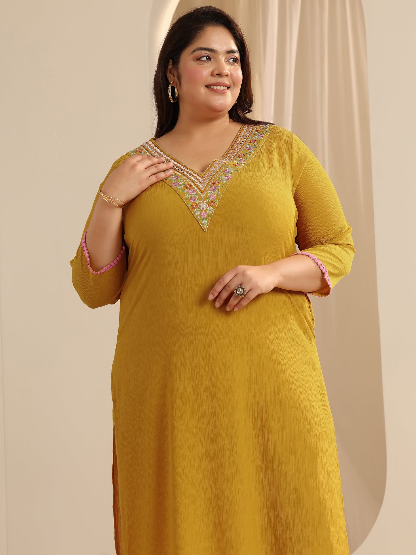 Plus Size Mustard Yoke Design Silk blend Straight Kurta