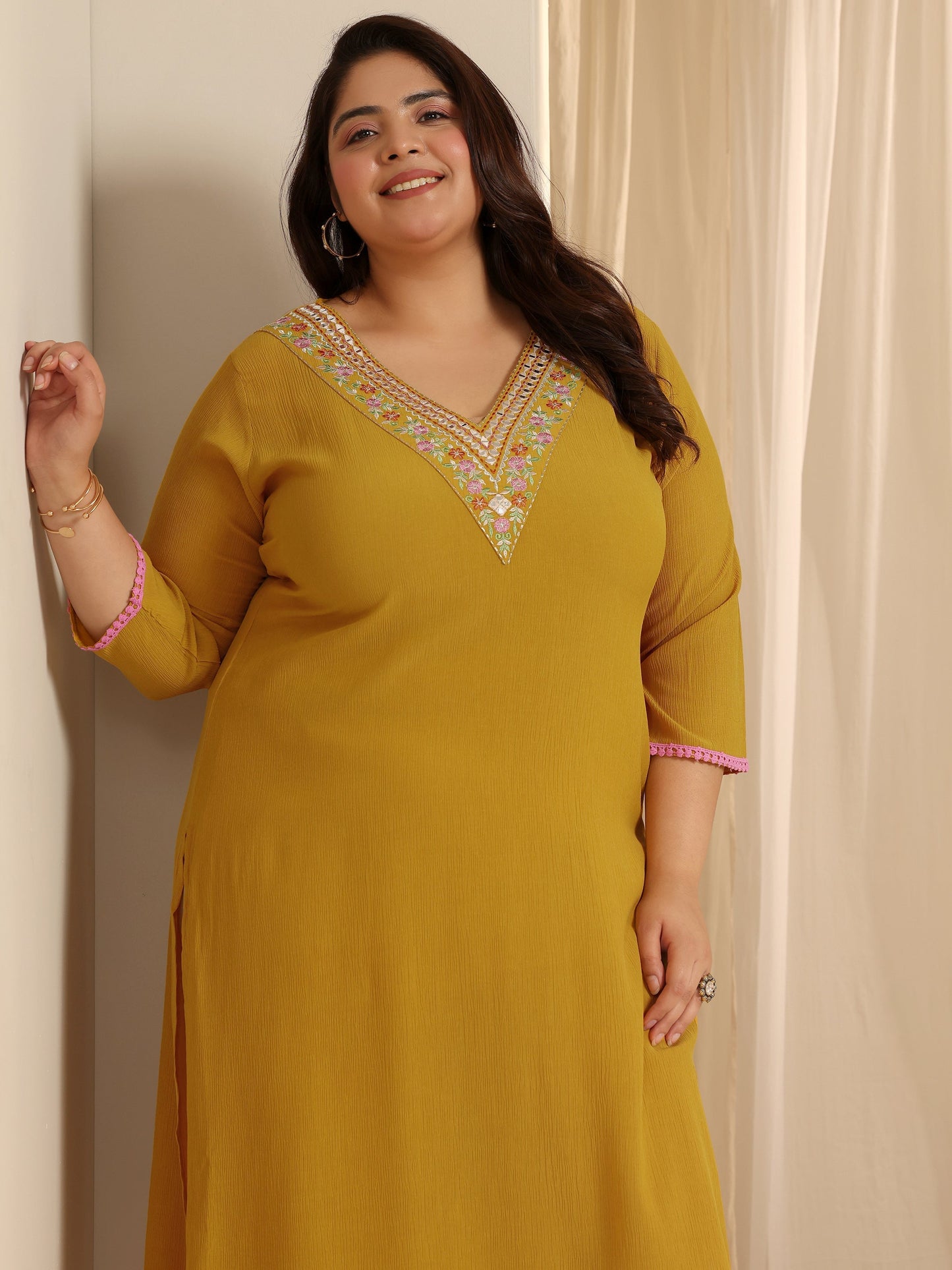 Plus Size Mustard Yoke Design Silk blend Straight Kurta