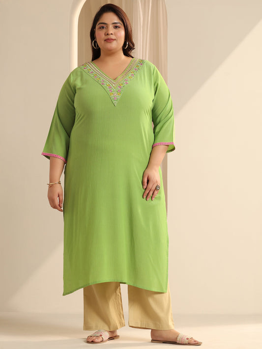 Plus Size Green Yoke Design Silk blend Straight Kurta