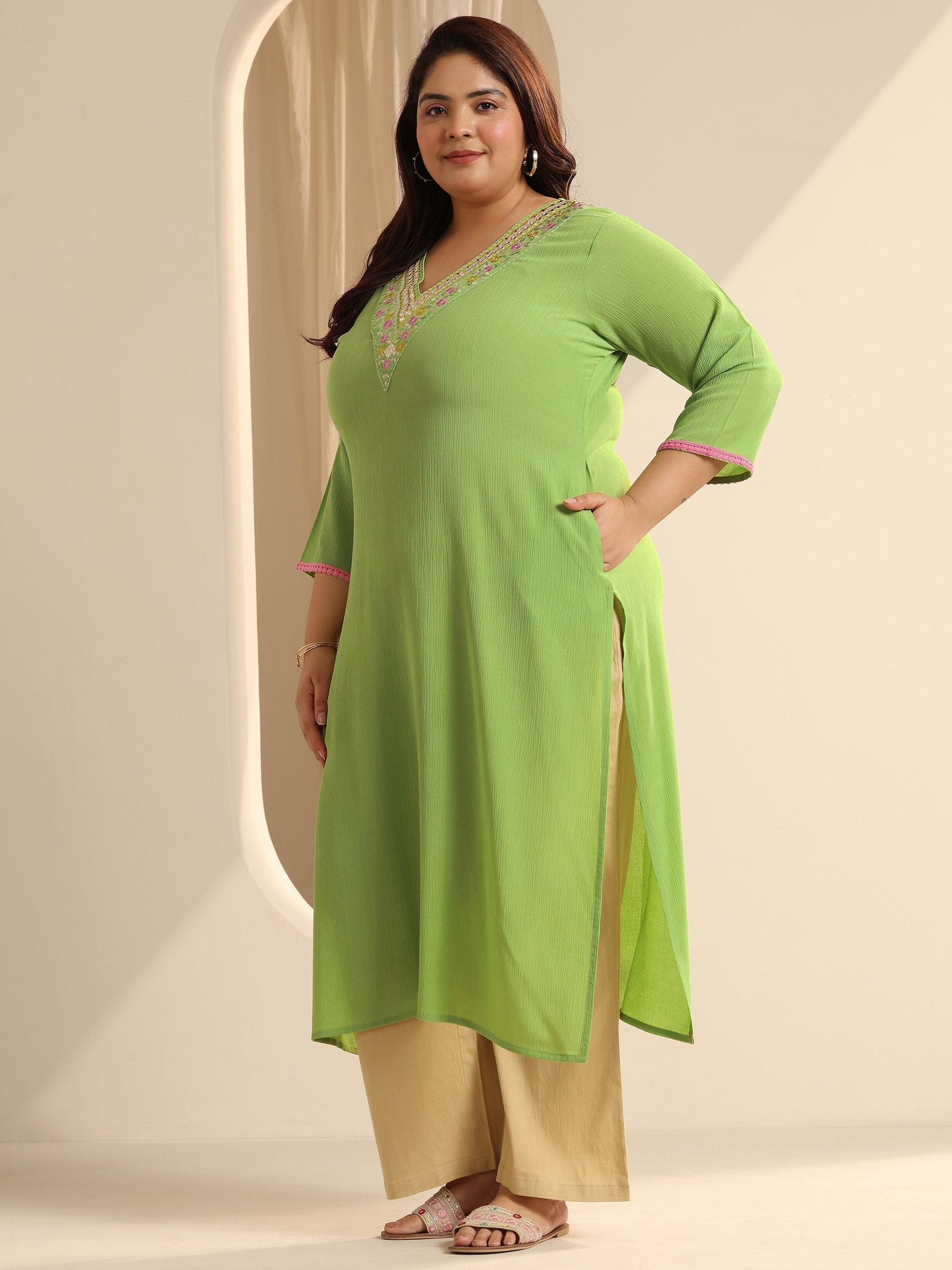 Plus Size Green Yoke Design Silk blend Straight Kurta