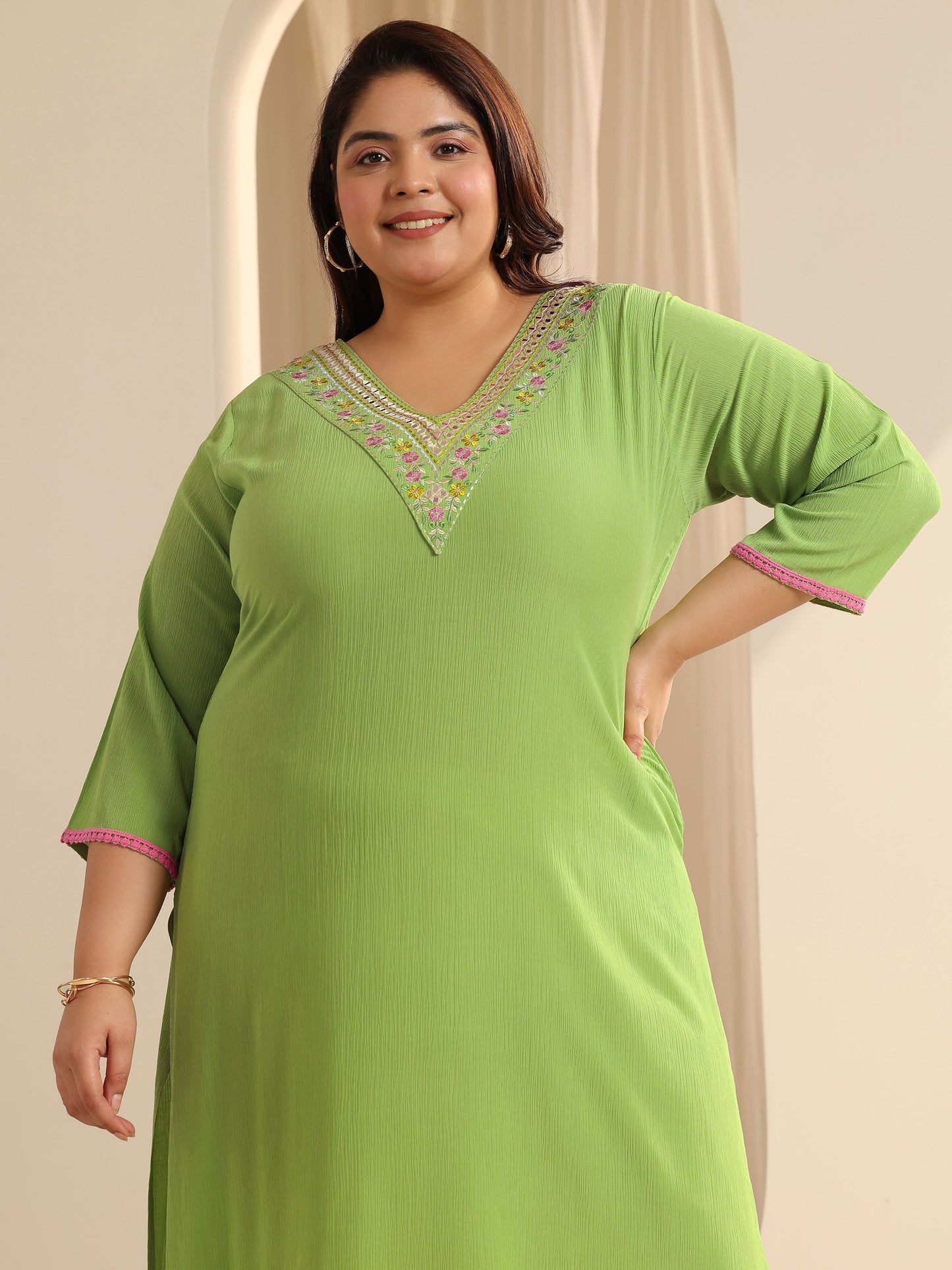 Plus Size Green Yoke Design Silk blend Straight Kurta