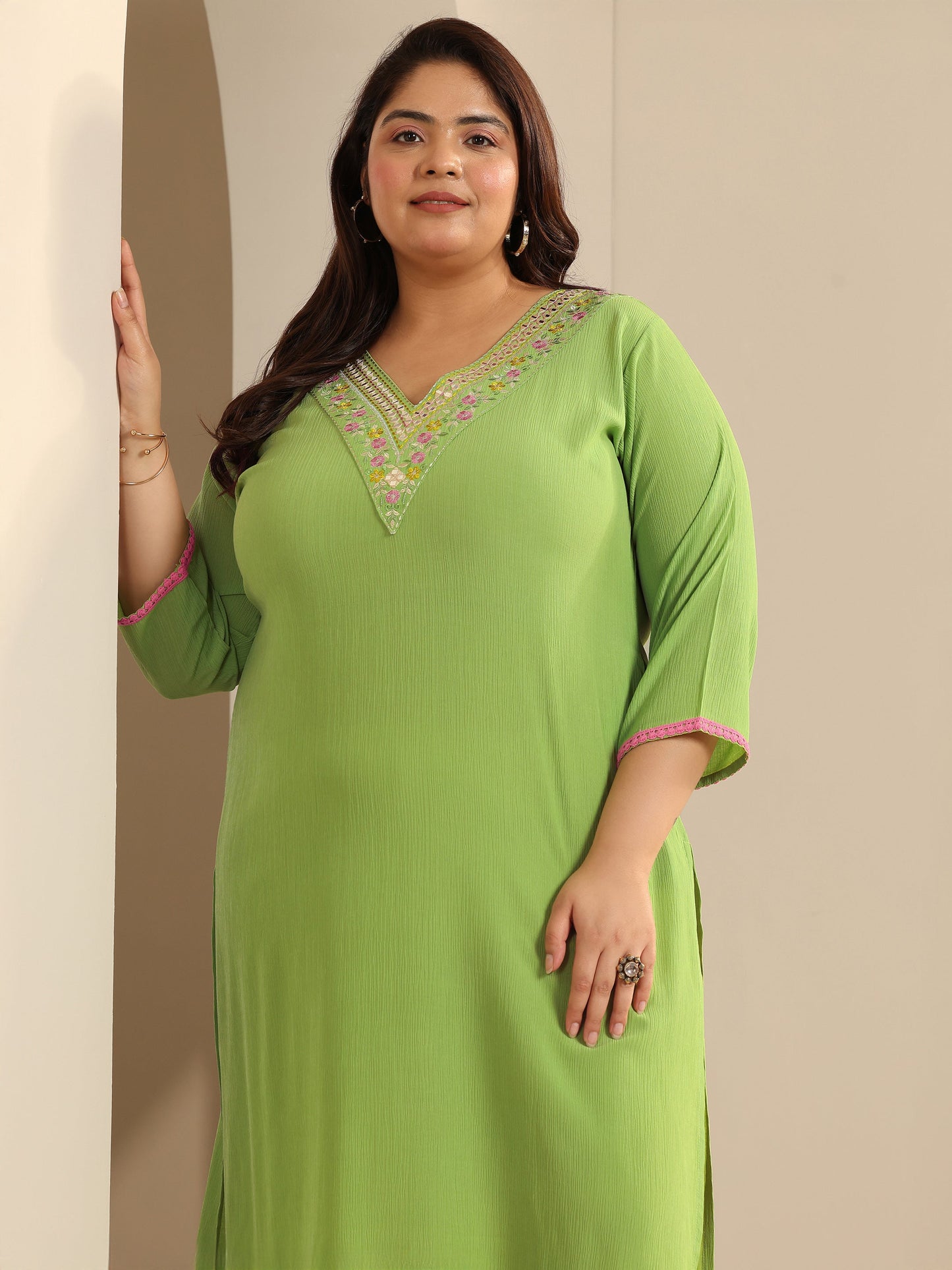 Plus Size Green Yoke Design Silk blend Straight Kurta