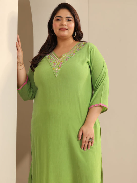 Plus Size Green Yoke Design Silk blend Straight Kurta