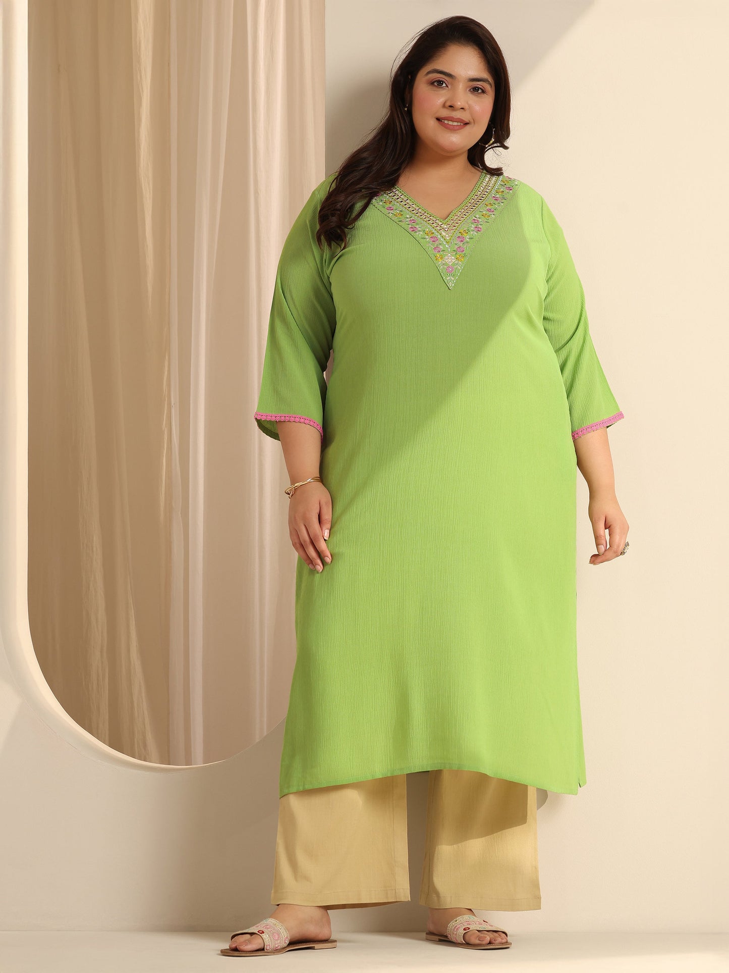Plus Size Green Yoke Design Silk blend Straight Kurta