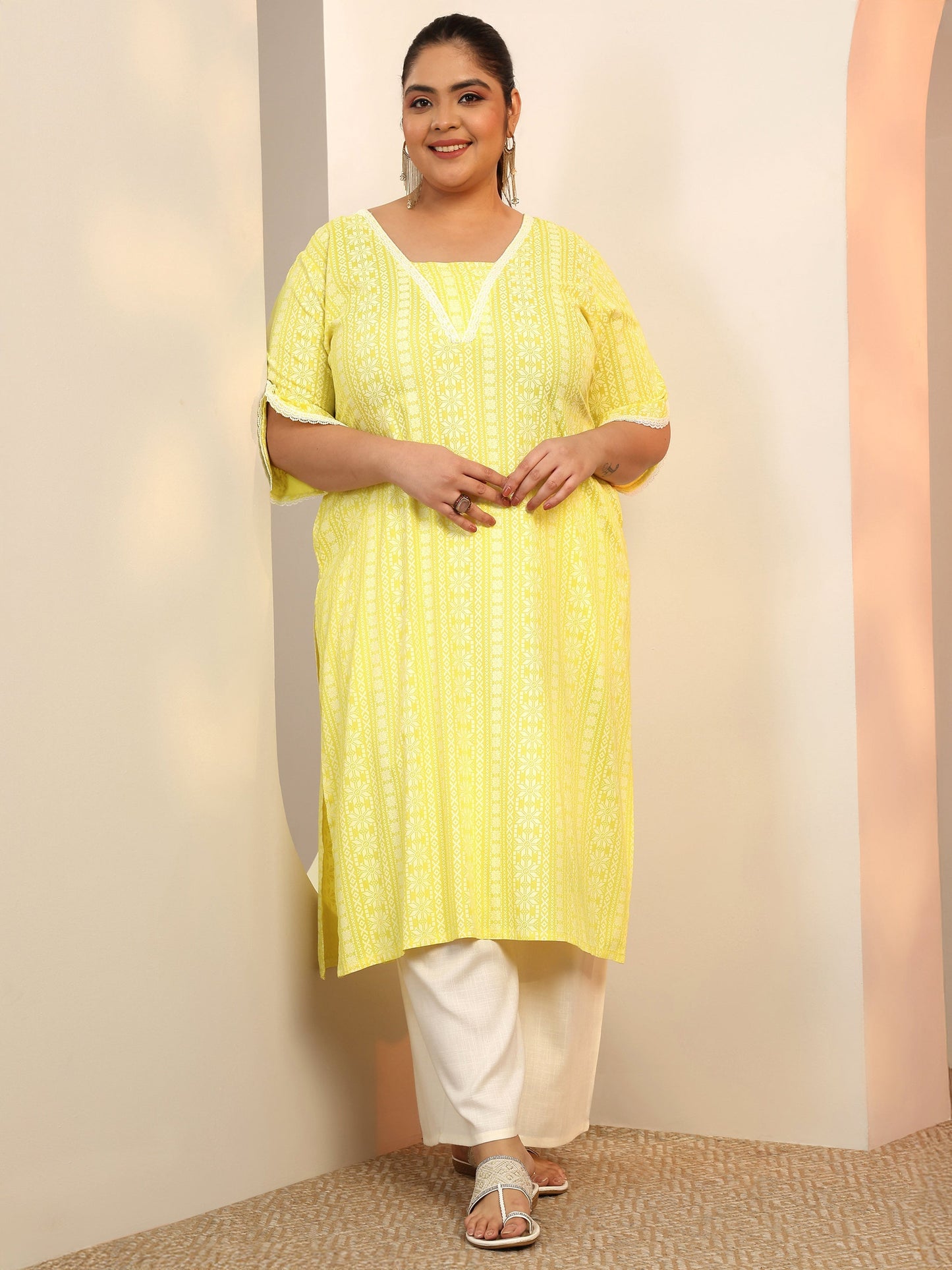 Plus Size Yellow Printed Rayon Straight Kurta