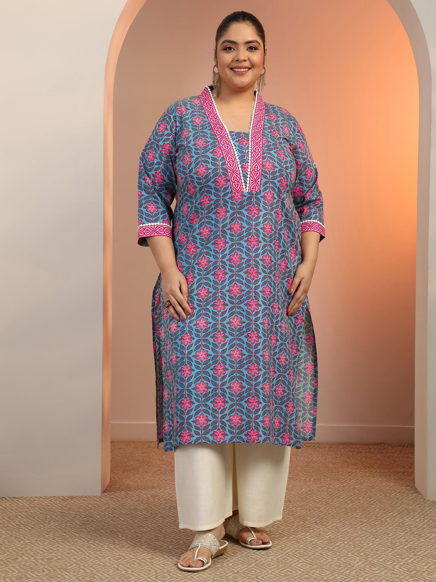 Plus Size Blue Printed Cotton Straight Kurta