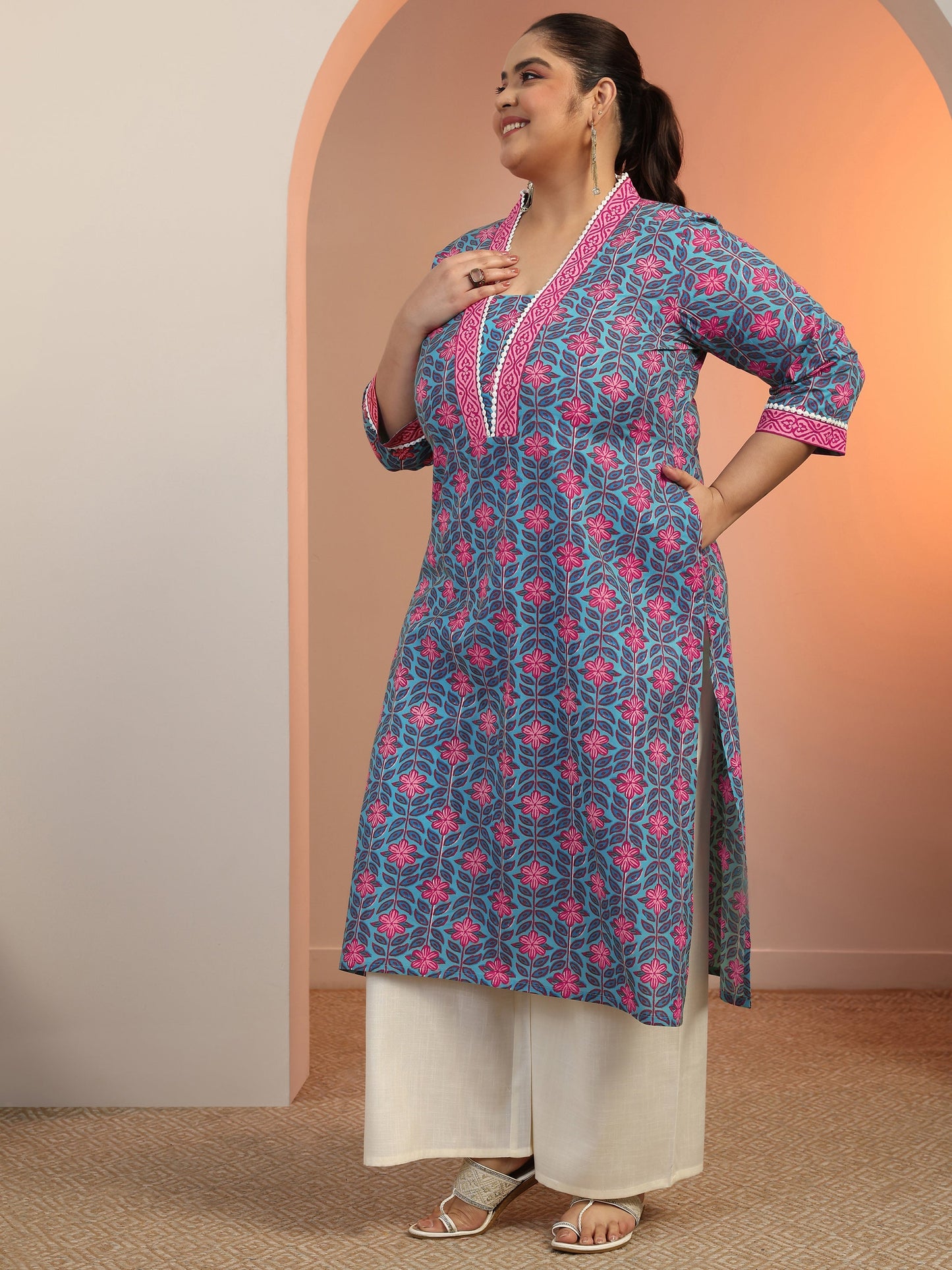 Plus Size Blue Printed Cotton Straight Kurta