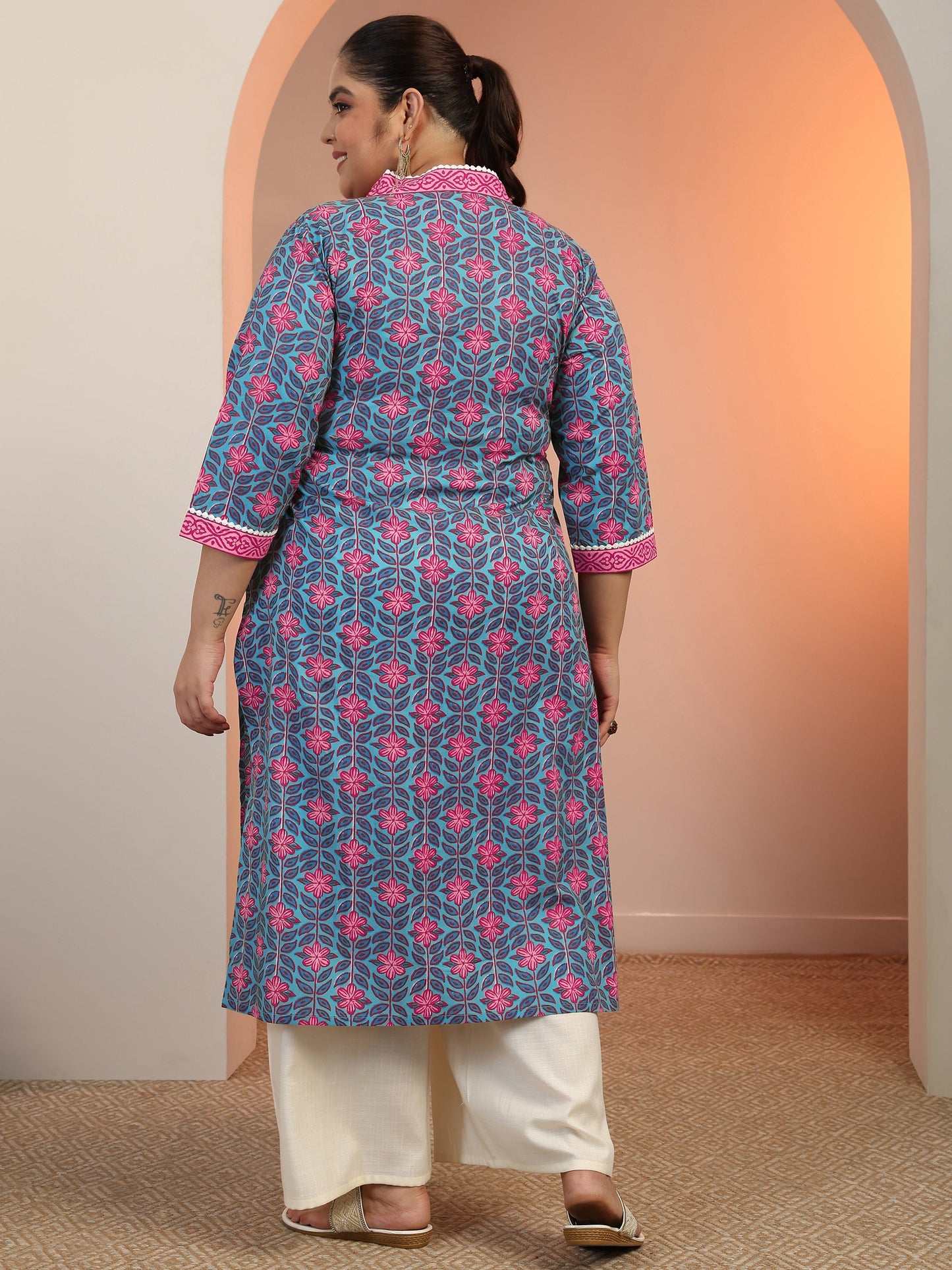 Plus Size Blue Printed Cotton Straight Kurta