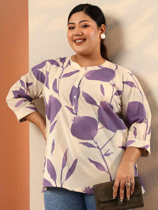 Plus Size Off White Printed Cotton Straight Short Kurti