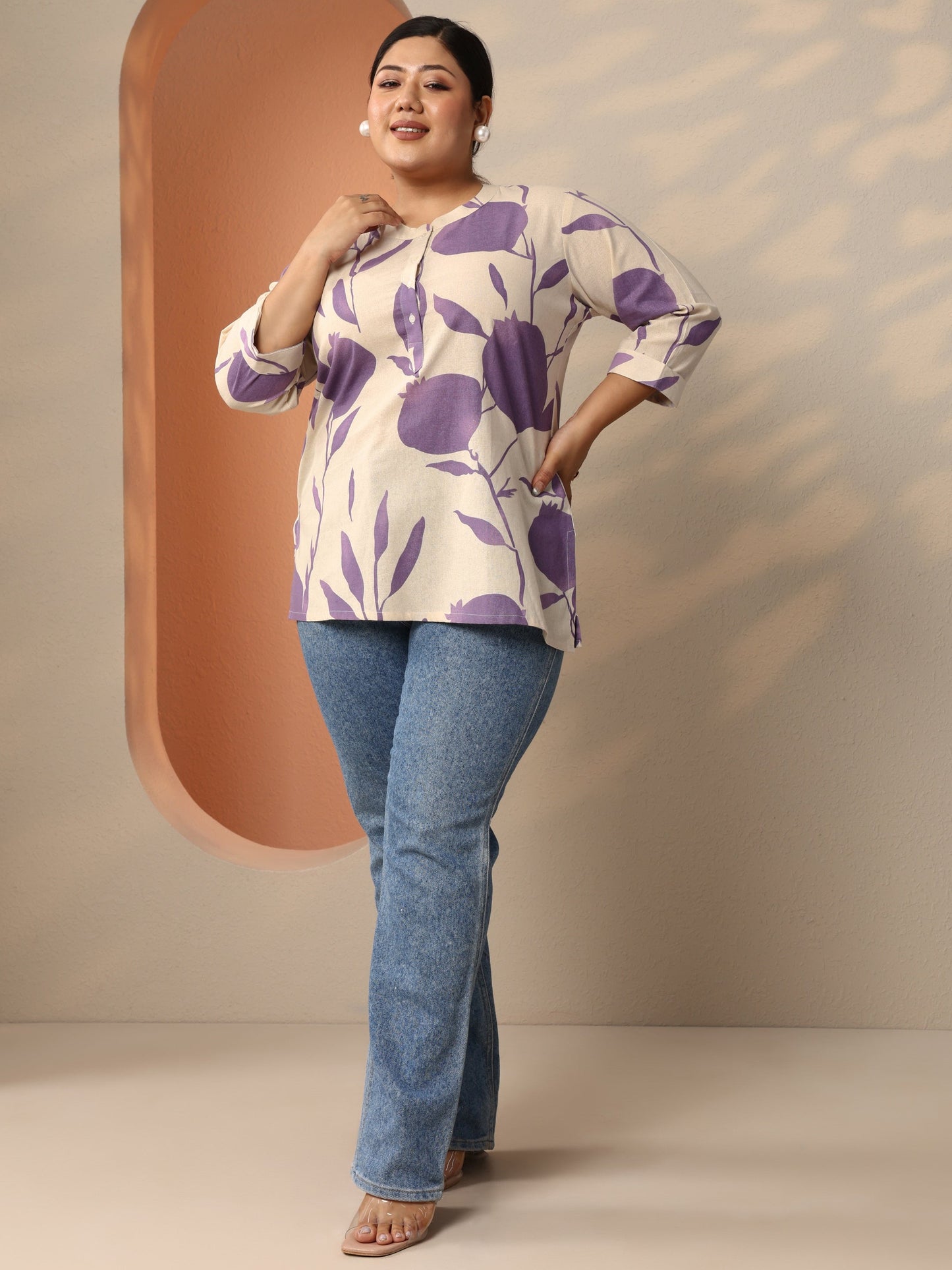 Plus Size Off White Printed Cotton Straight Short Kurti