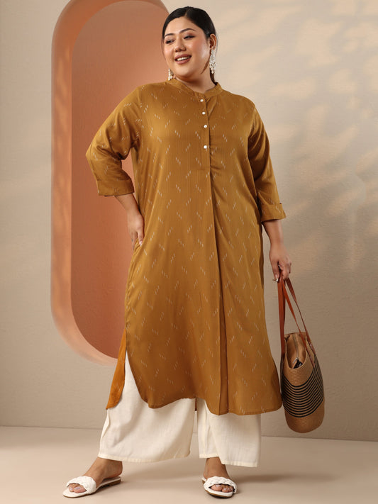 Plus Size Mustard Woven Design Rayon Straight Kurta