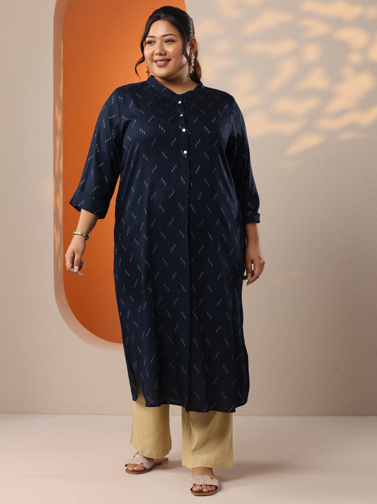Plus Size Blue Woven Design Rayon Straight Kurta