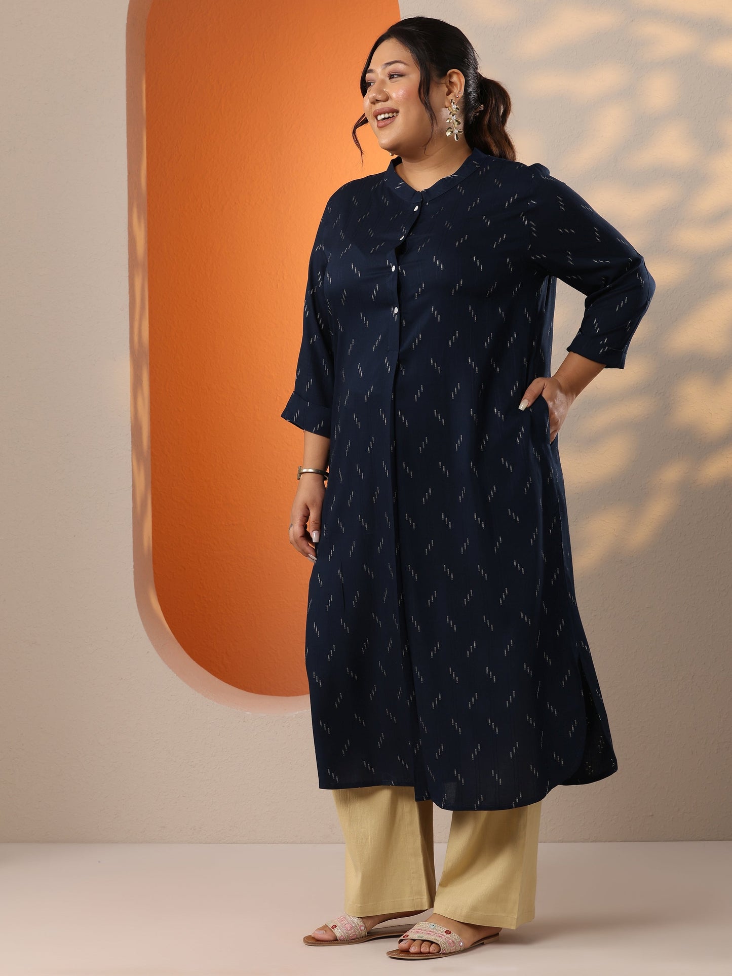 Plus Size Blue Woven Design Rayon Straight Kurta